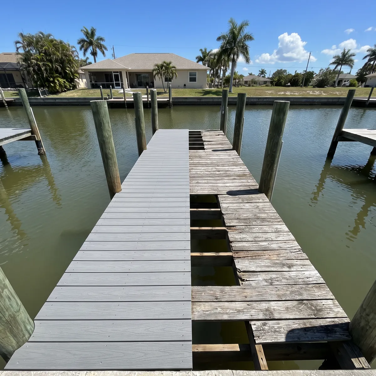 A boat dock half re-decked with new composite boards over a Southwest Florida canal